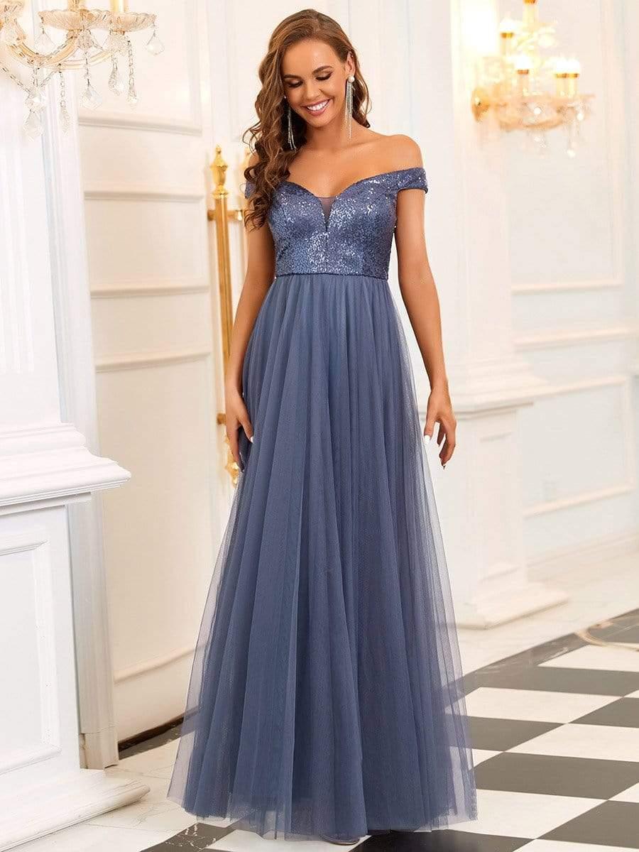Off Shoulder Tulle & Sequin Sleeveless Evening Dress(Final Sale)