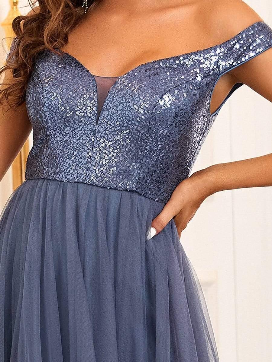 Off Shoulder Tulle & Sequin Sleeveless Evening Dress(Final Sale)
