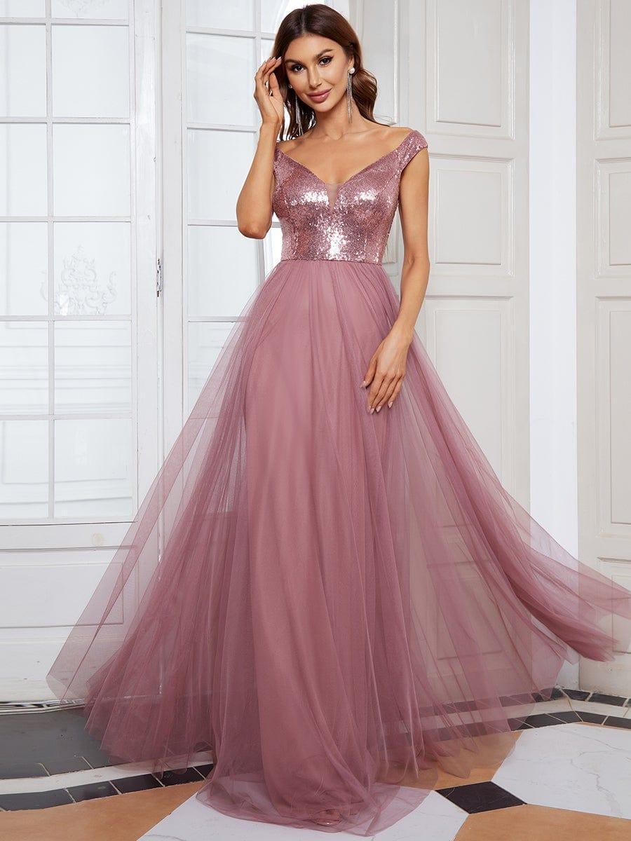 Off Shoulder Tulle & Sequin Sleeveless Evening Dress(Final Sale)