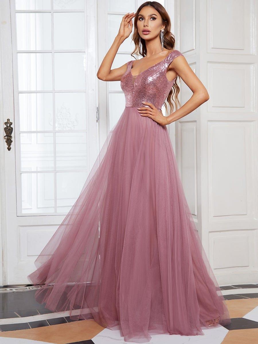 Off Shoulder Tulle & Sequin Sleeveless Evening Dress(Final Sale)