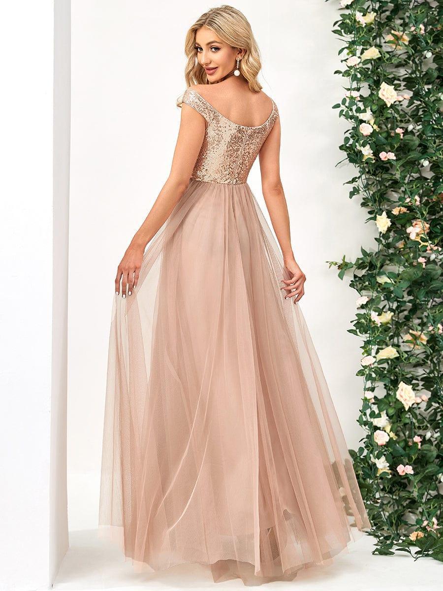 Off Shoulder Tulle & Sequin Sleeveless Evening Dress(Final Sale)
