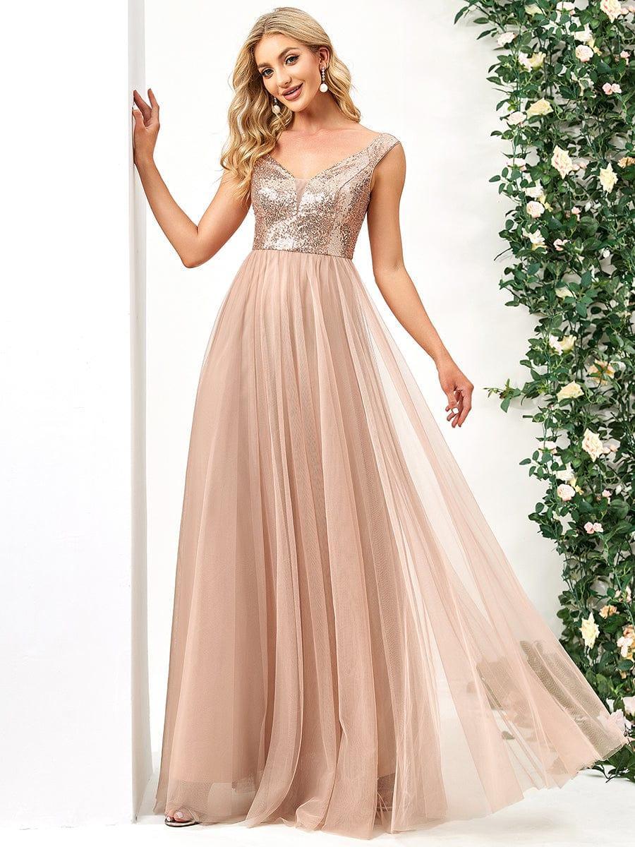 Off Shoulder Tulle & Sequin Sleeveless Evening Dress(Final Sale)