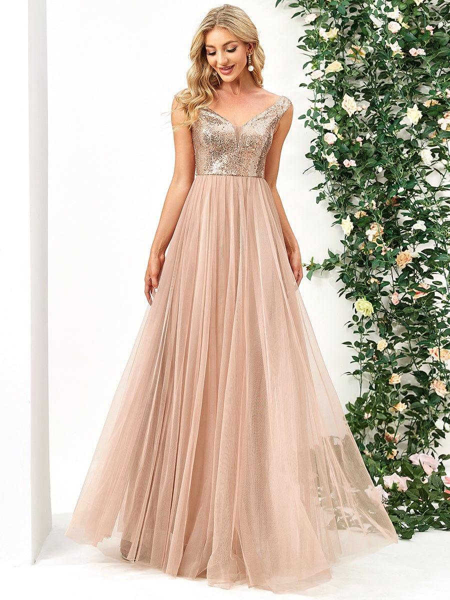 Off Shoulder Tulle & Sequin Sleeveless Evening Dress(Final Sale)