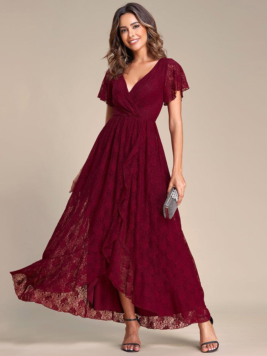 ever ELISE|V-Neck Short Sleeve Pleated Ruffled Lace Evening Dress