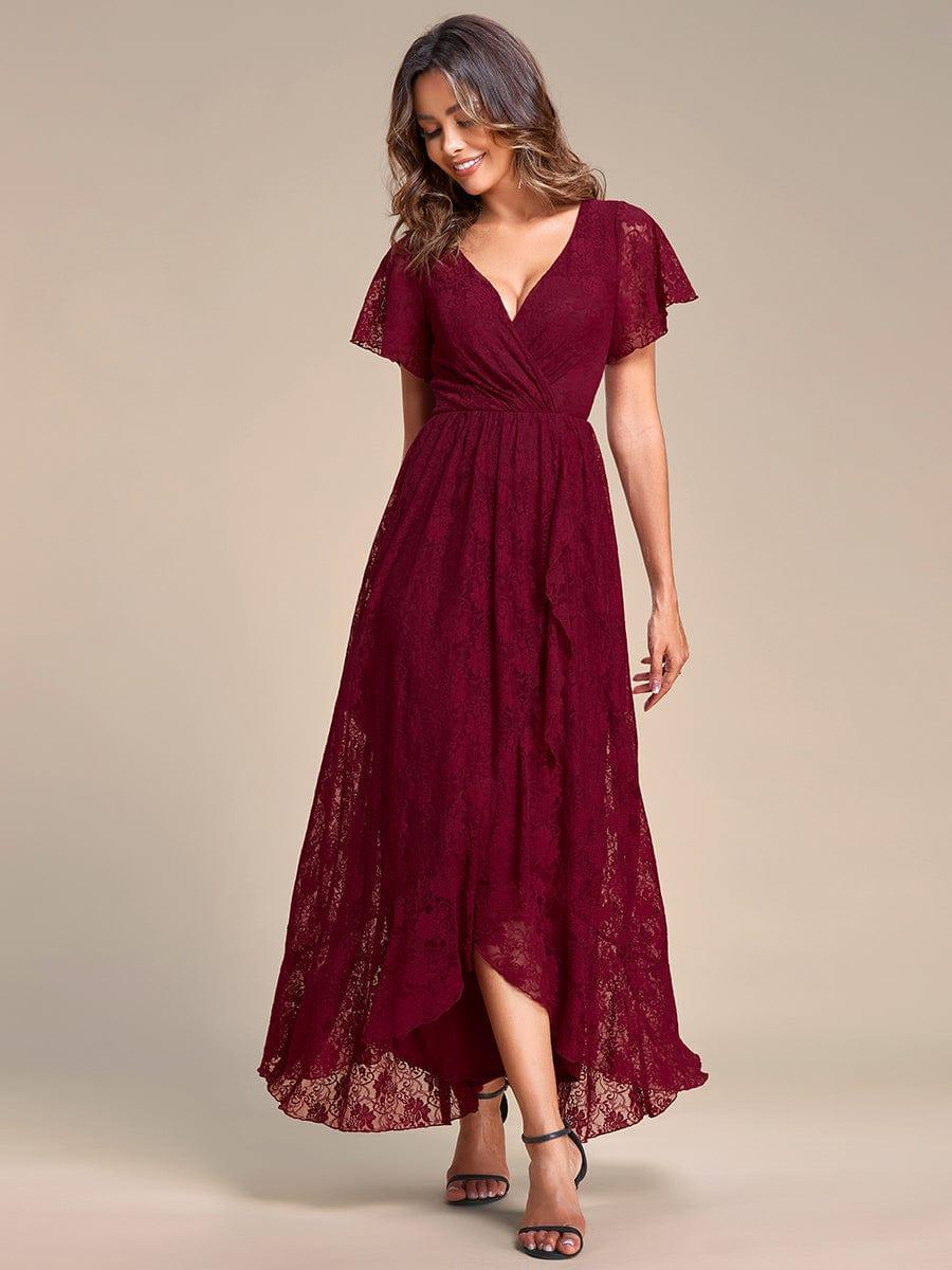 ever ELISE|V-Neck Short Sleeve Pleated Ruffled Lace Evening Dress