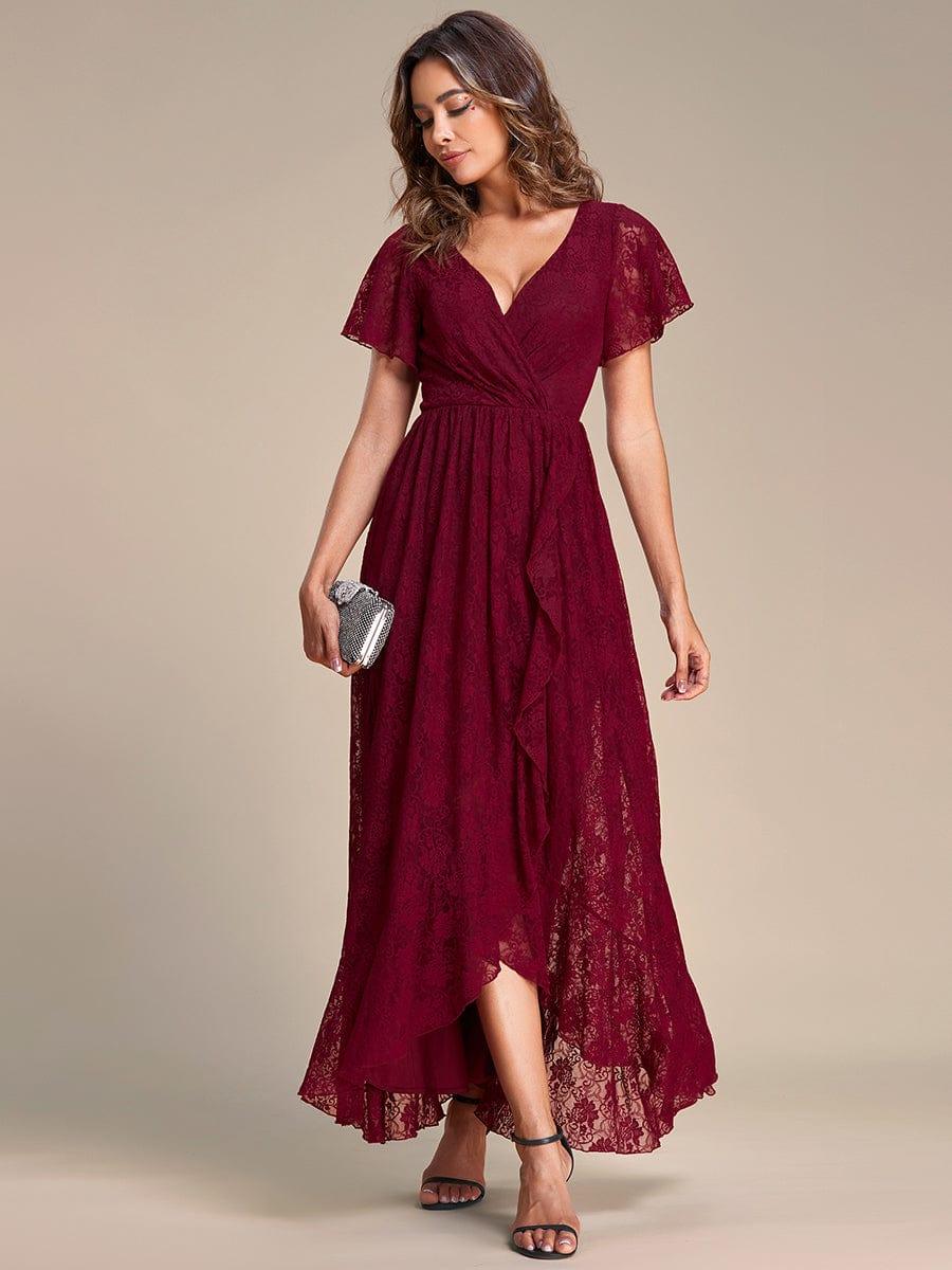 ever ELISE|V-Neck Short Sleeve Pleated Ruffled Lace Evening Dress
