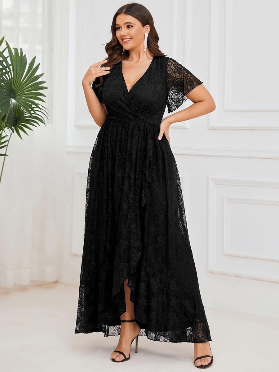 ever ELISE|V-Neck Short Sleeve Pleated Ruffled Lace Evening Dress