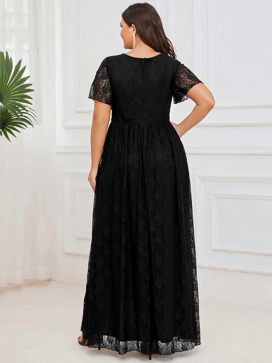 ever ELISE|V-Neck Short Sleeve Pleated Ruffled Lace Evening Dress