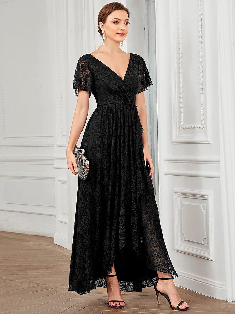 ever ELISE|V-Neck Short Sleeve Pleated Ruffled Lace Evening Dress