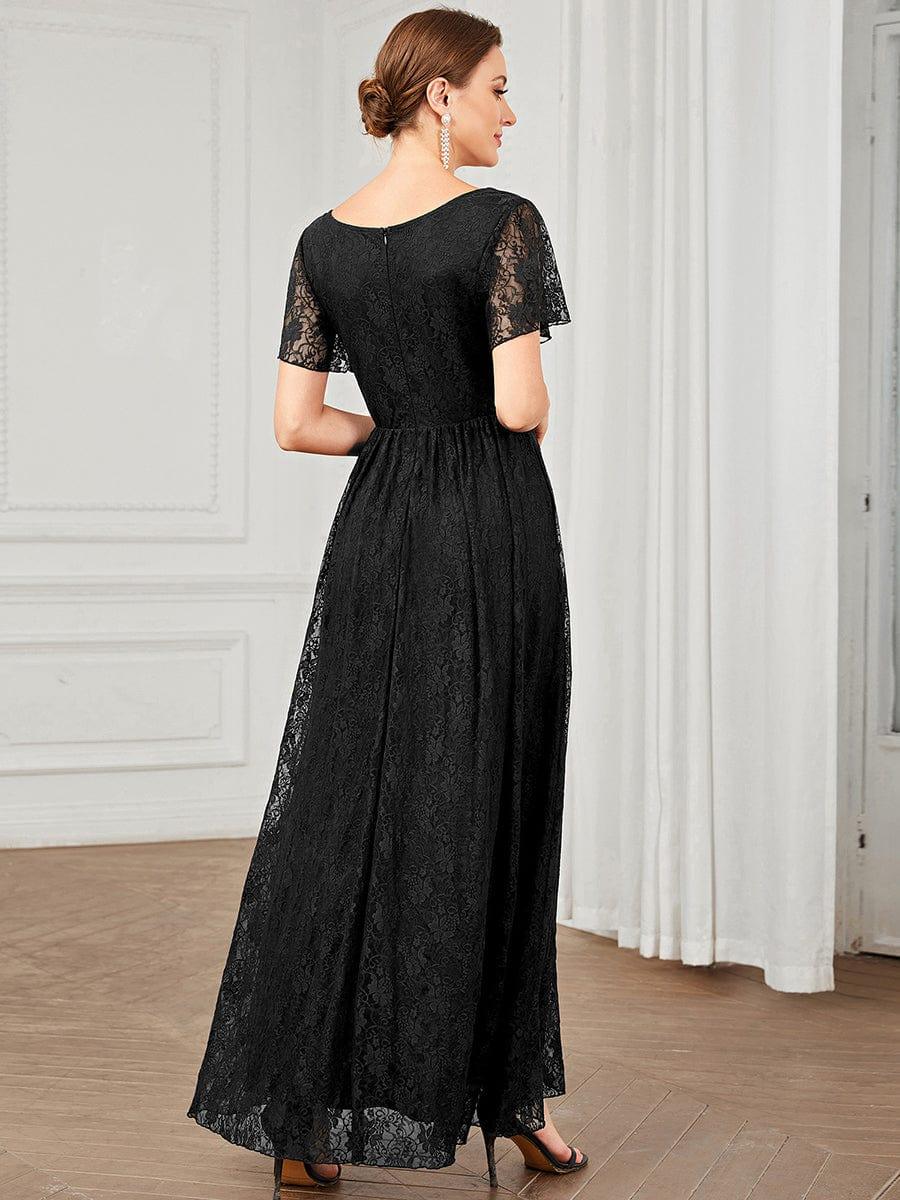ever ELISE|V-Neck Short Sleeve Pleated Ruffled Lace Evening Dress