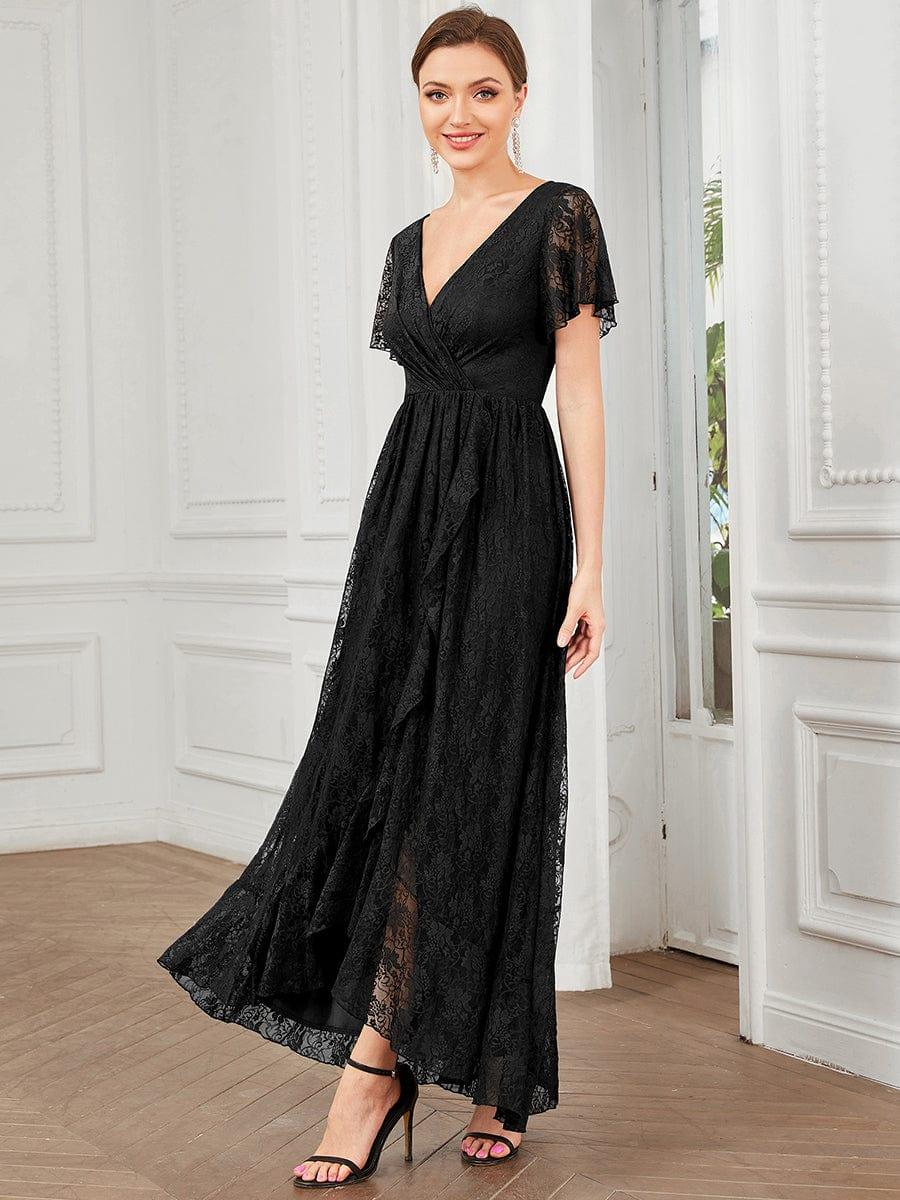 ever ELISE|V-Neck Short Sleeve Pleated Ruffled Lace Evening Dress
