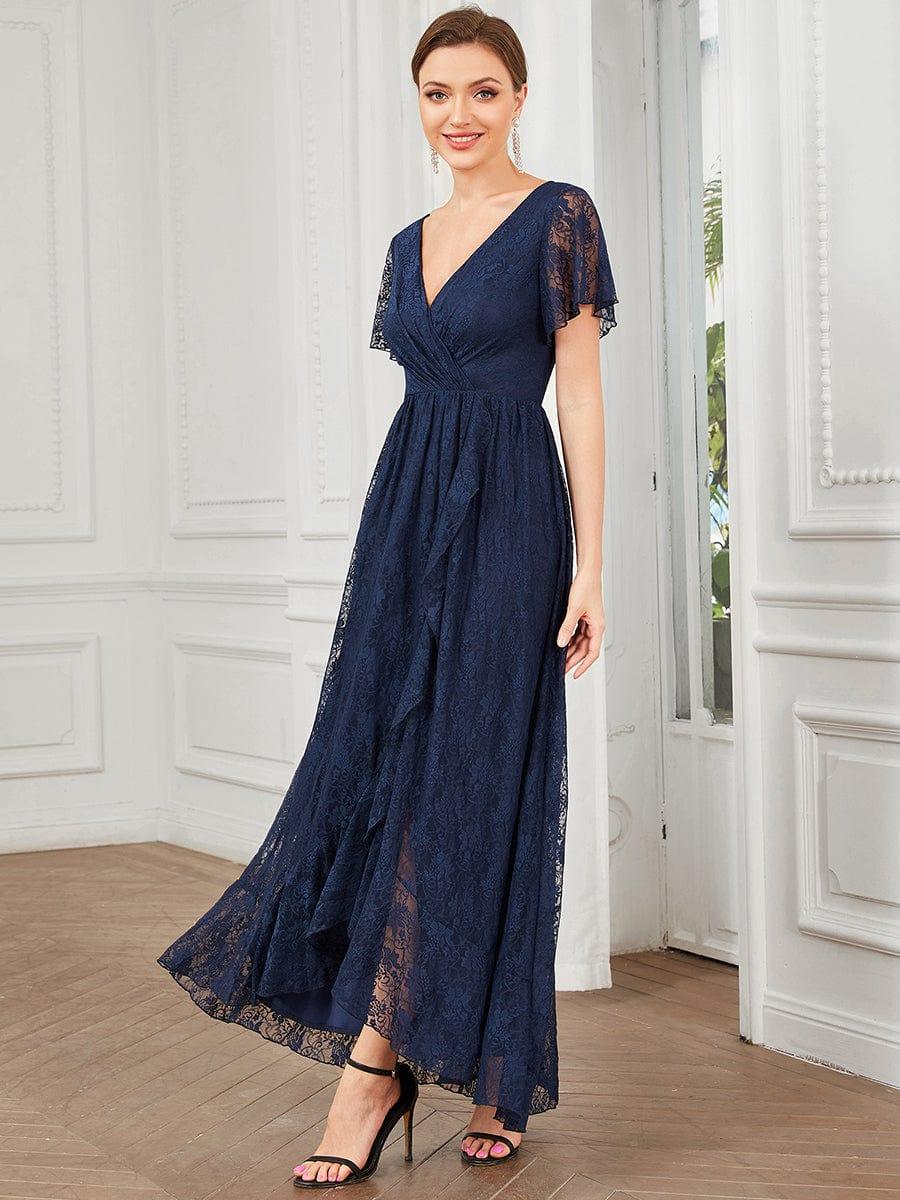 ever ELISE|V-Neck Short Sleeve Pleated Ruffled Lace Evening Dress
