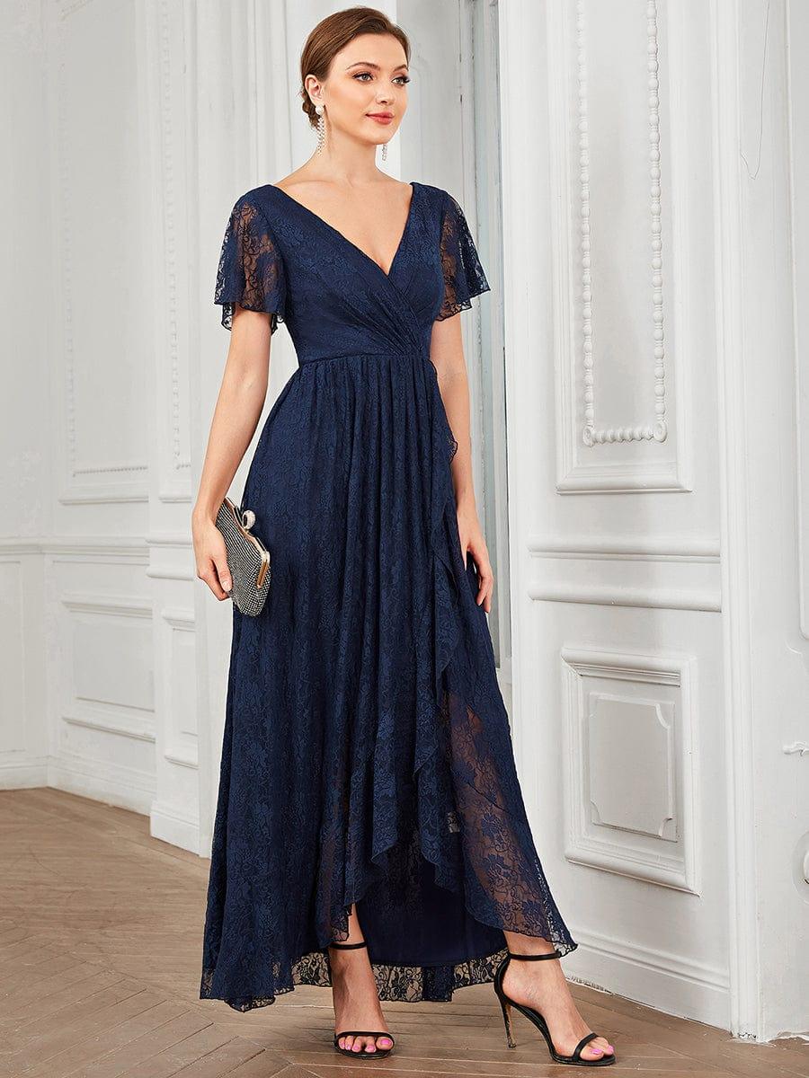 ever ELISE|V-Neck Short Sleeve Pleated Ruffled Lace Evening Dress