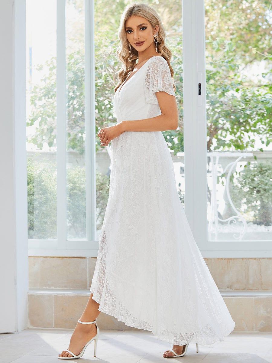 ever ELISE|V-Neck Short Sleeve Pleated Ruffled Lace Evening Dress