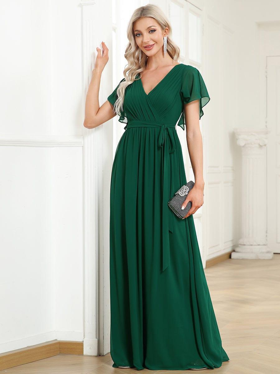 ever LEORA|V-Neck Flutter Sleeve Floor-Length A-Line Chiffon Evening Dress
