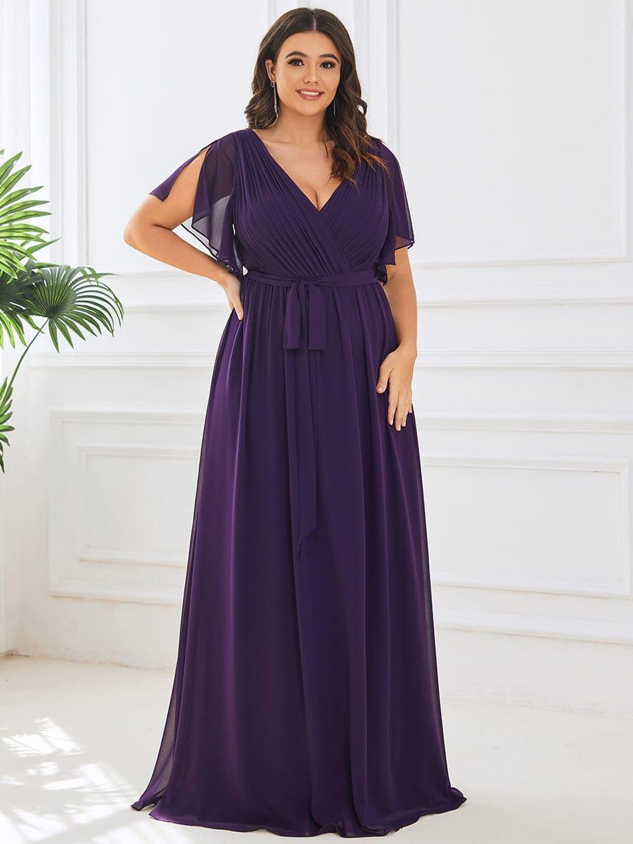 ever LEORA|V-Neck Flutter Sleeve Floor-Length A-Line Chiffon Evening Dress