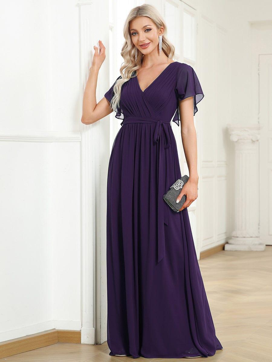 ever LEORA|V-Neck Flutter Sleeve Floor-Length A-Line Chiffon Evening Dress