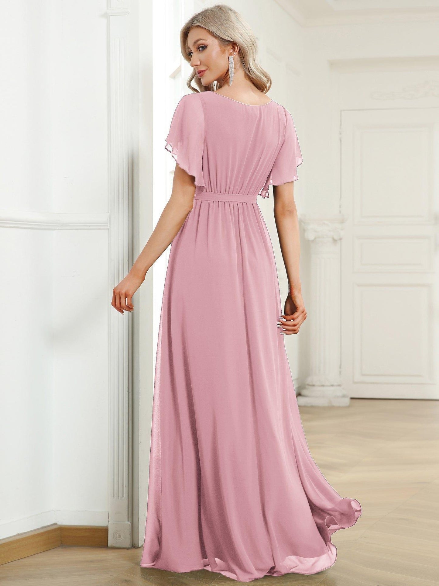 ever LEORA|V-Neck Flutter Sleeve Floor-Length A-Line Chiffon Evening Dress
