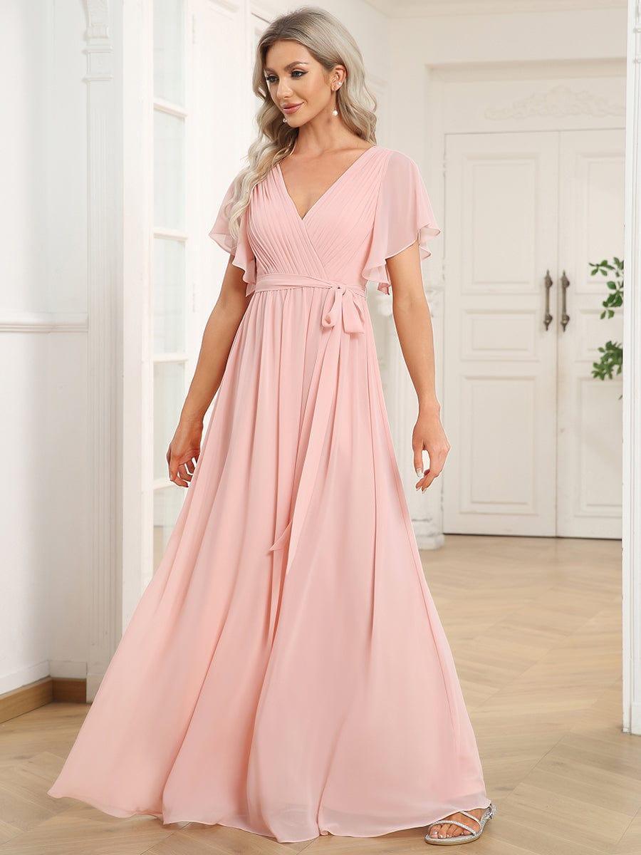 ever LEORA|V-Neck Flutter Sleeve Floor-Length A-Line Chiffon Evening Dress