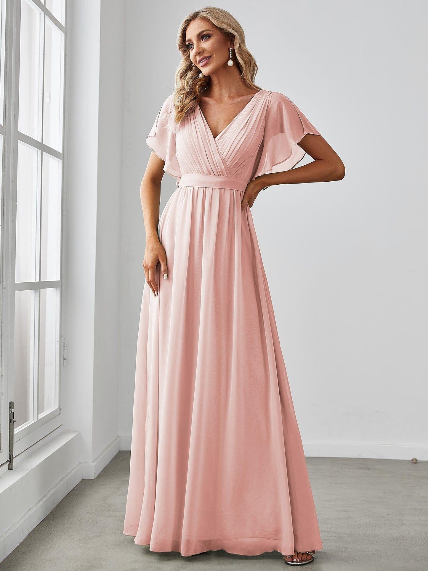 ever LEORA|V-Neck Flutter Sleeve Floor-Length A-Line Chiffon Evening Dress