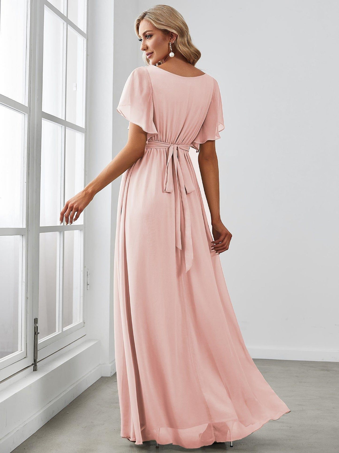 ever LEORA|V-Neck Flutter Sleeve Floor-Length A-Line Chiffon Evening Dress
