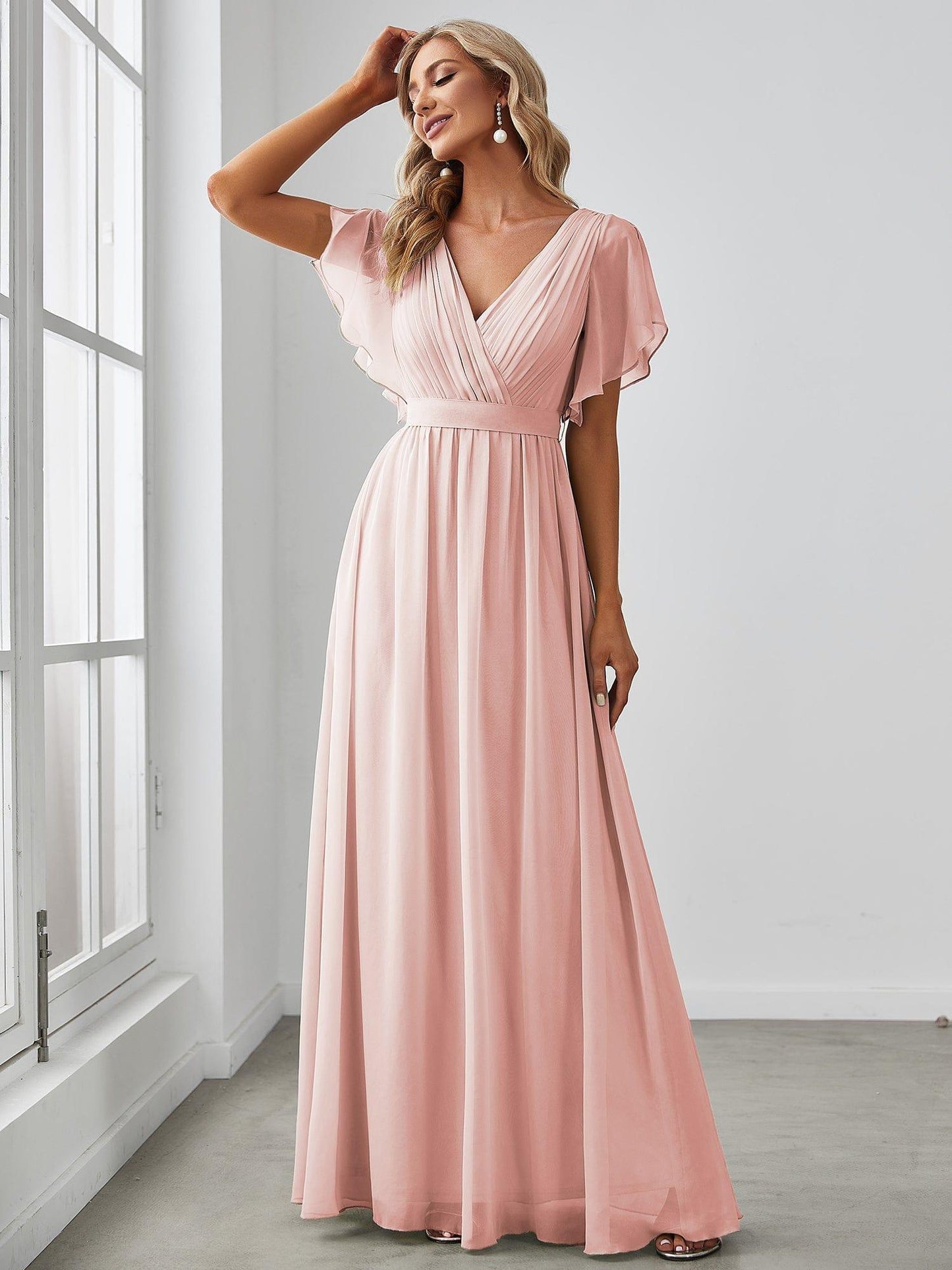 ever LEORA|V-Neck Flutter Sleeve Floor-Length A-Line Chiffon Evening Dress