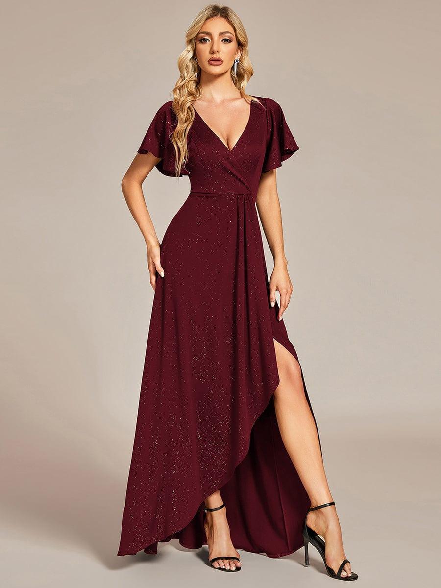 ever MELODÉ|Ruffle Sleeves V Neck High Low Evening Dress