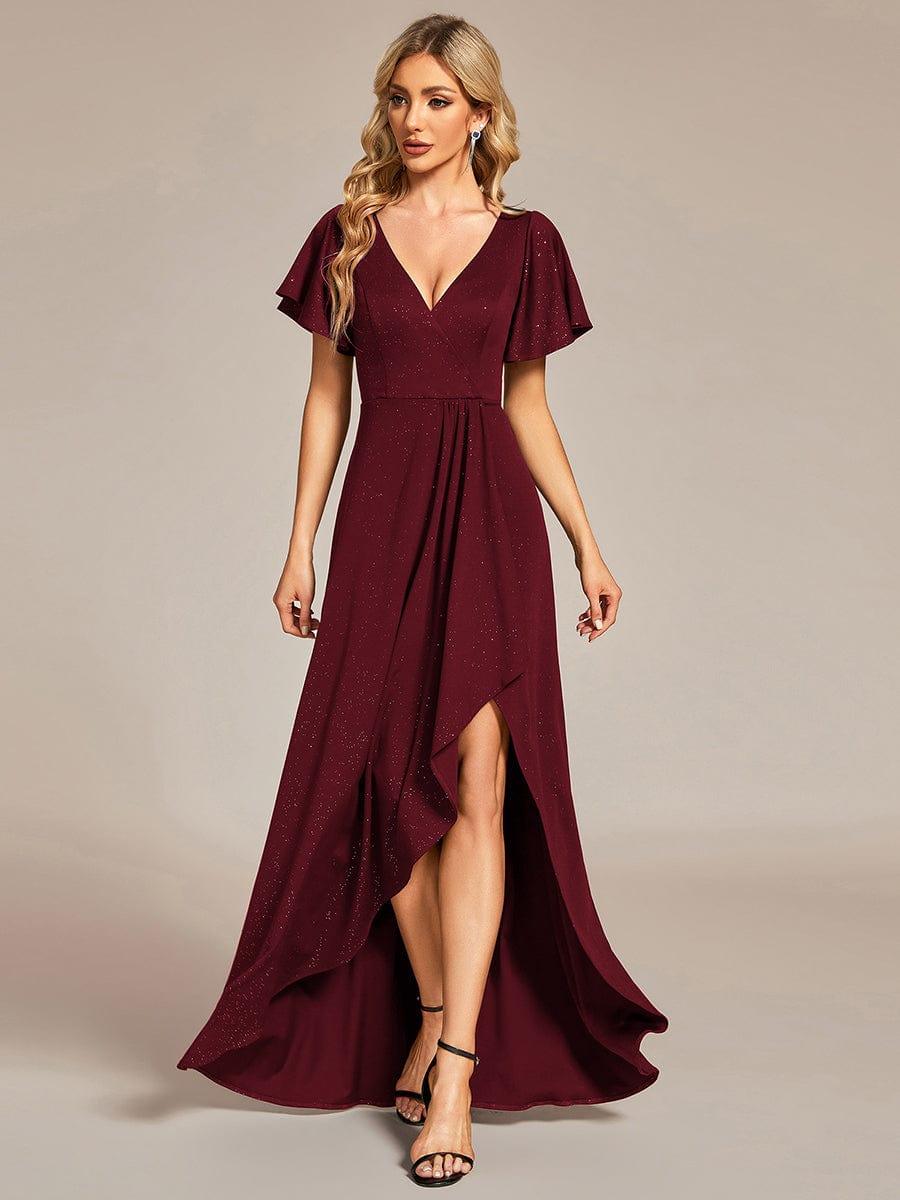 ever MELODÉ|Ruffle Sleeves V Neck High Low Evening Dress