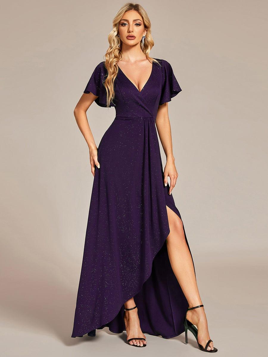 ever MELODÉ|Ruffle Sleeves V Neck High Low Evening Dress