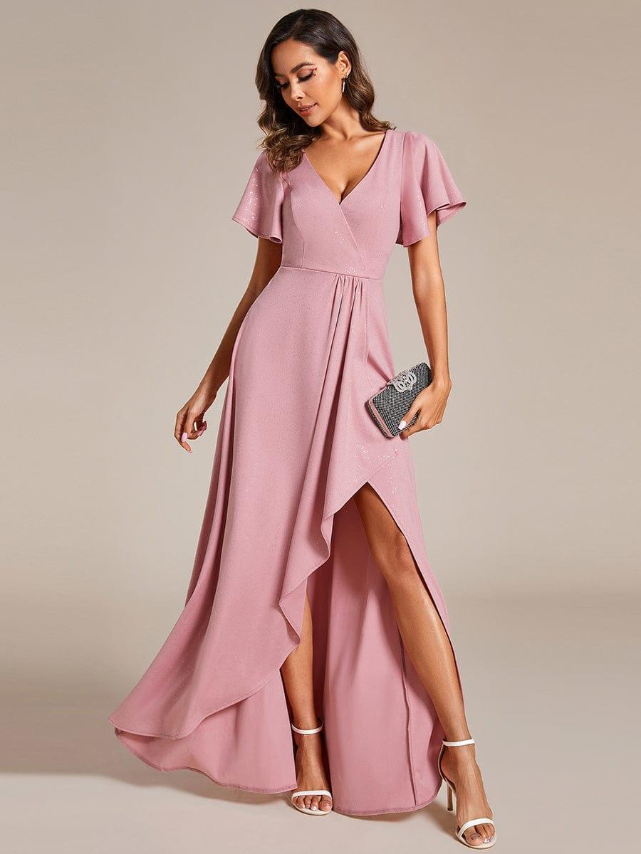 ever MELODÉ|Ruffle Sleeves V Neck High Low Evening Dress