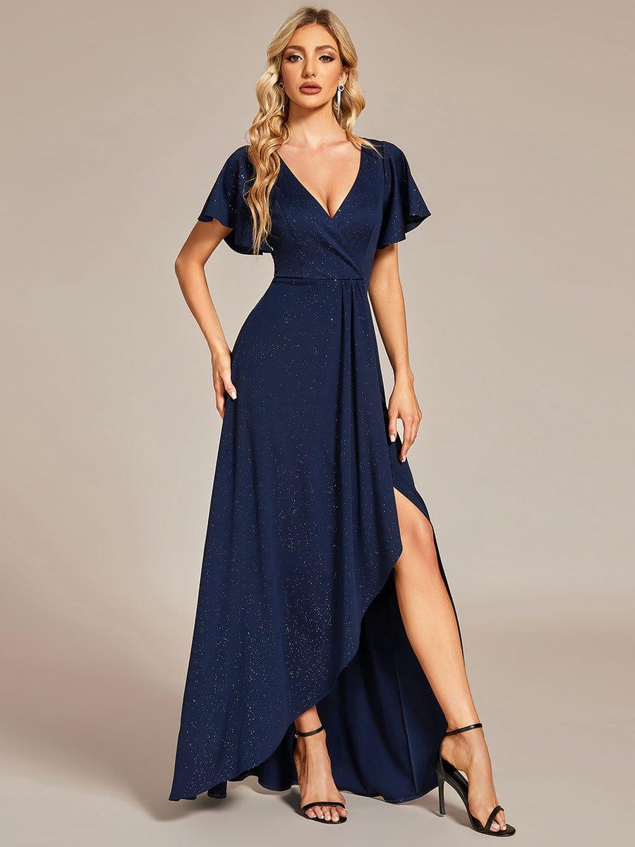 ever MELODÉ|Ruffle Sleeves V Neck High Low Evening Dress