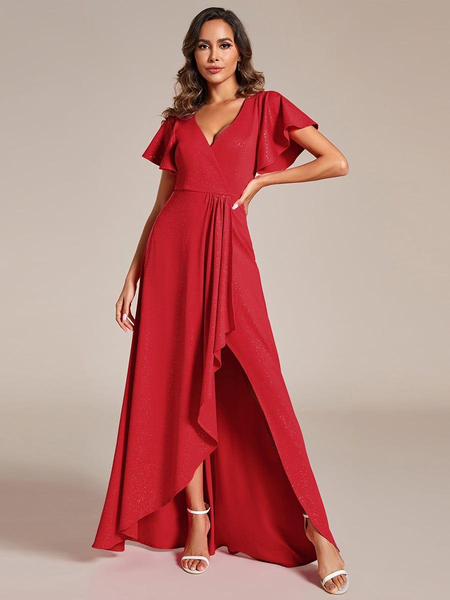 ever MELODÉ|Ruffle Sleeves V Neck High Low Evening Dress