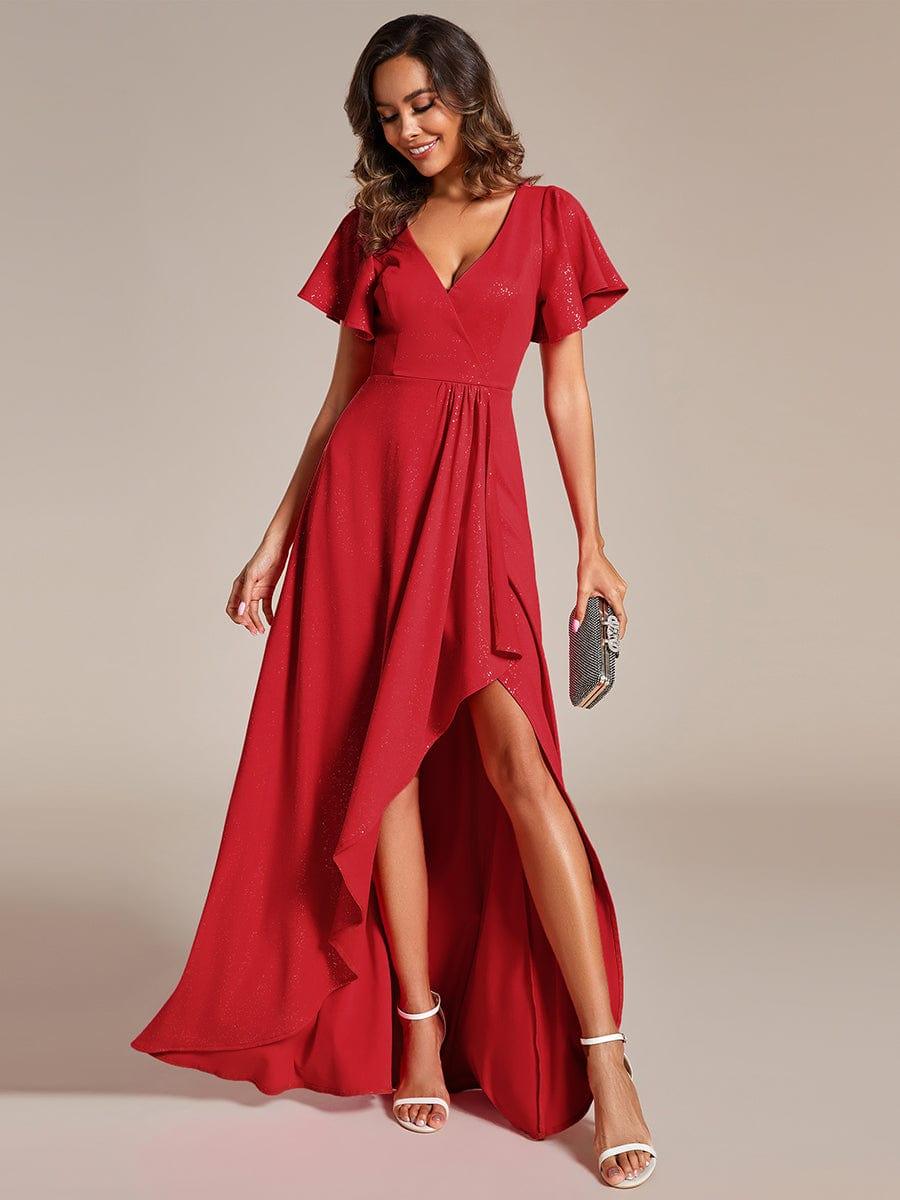 ever MELODÉ|Ruffle Sleeves V Neck High Low Evening Dress