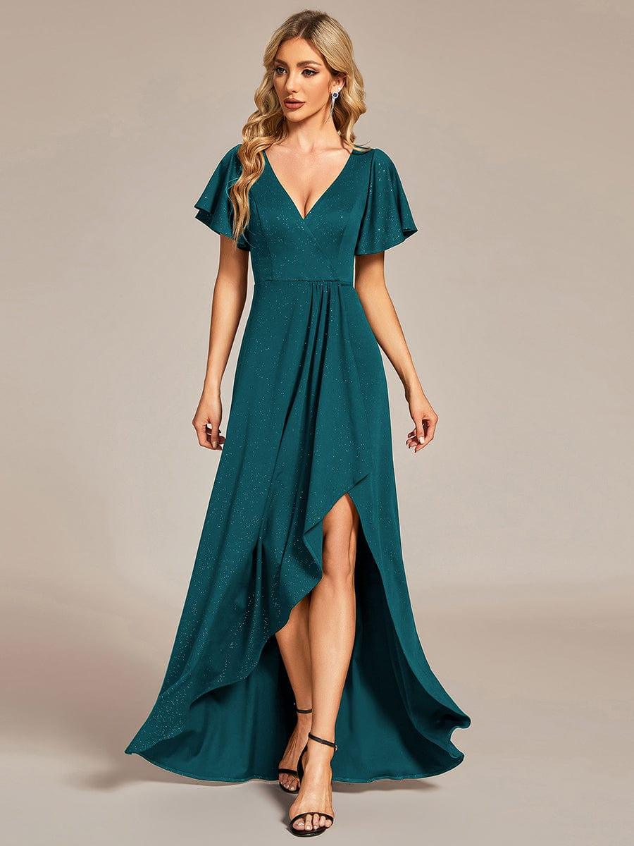 ever MELODÉ|Ruffle Sleeves V Neck High Low Evening Dress