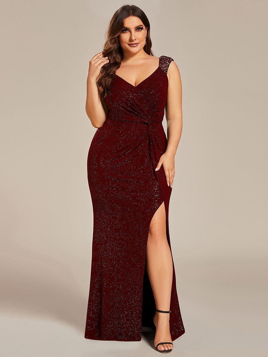 ever NOIRE|Elegant Sequin V Neck High Slit Evening Dress