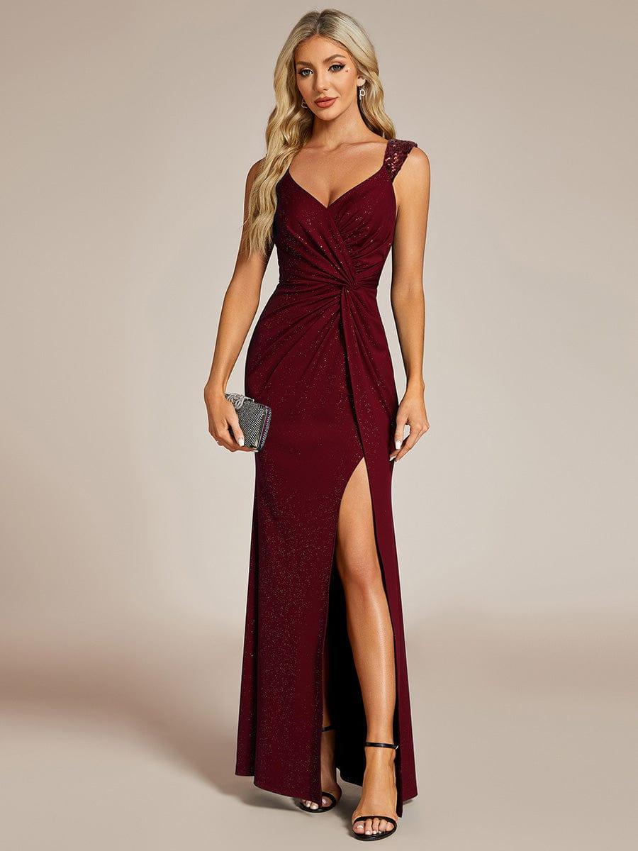 ever NOIRE|Elegant Sequin V Neck High Slit Evening Dress