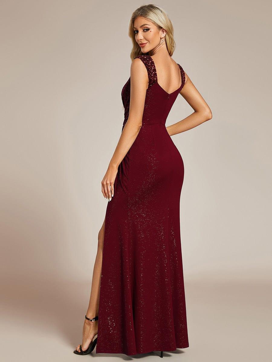 ever NOIRE|Elegant Sequin V Neck High Slit Evening Dress