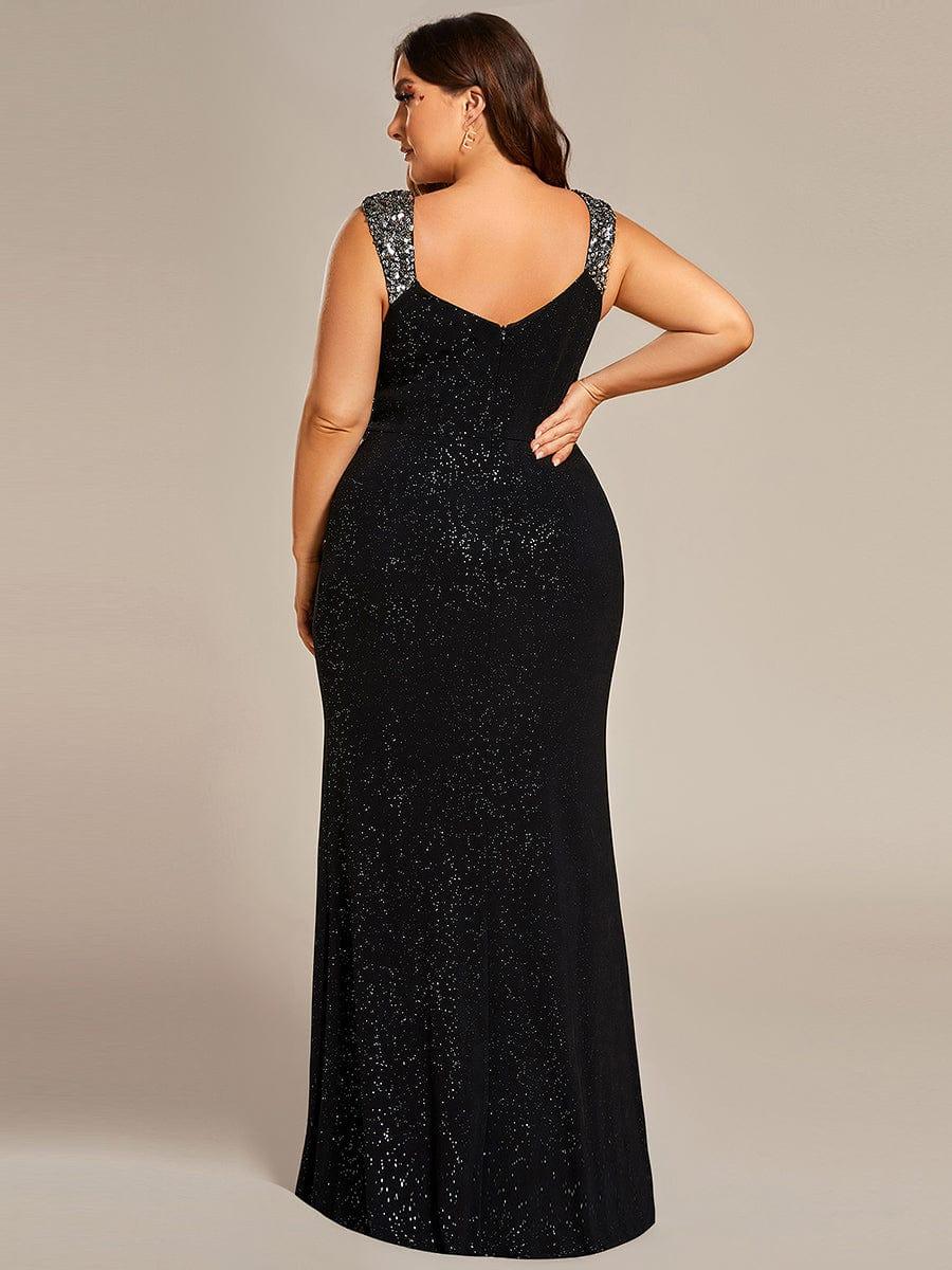 ever NOIRE|Elegant Sequin V Neck High Slit Evening Dress