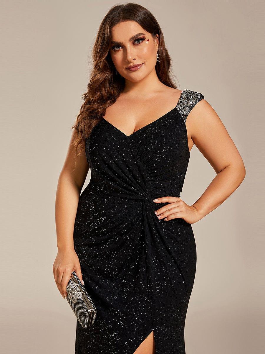 ever NOIRE|Elegant Sequin V Neck High Slit Evening Dress