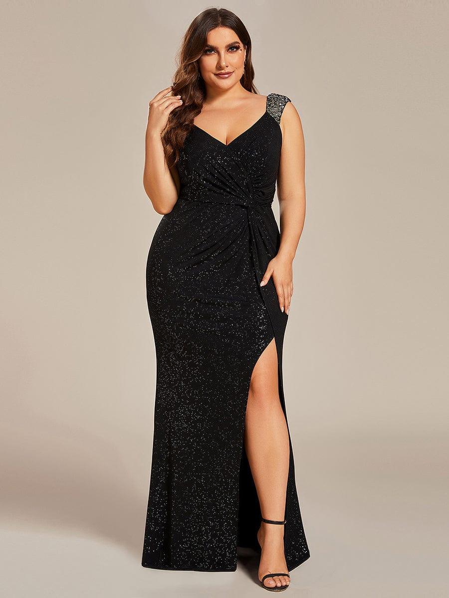 ever NOIRE|Elegant Sequin V Neck High Slit Evening Dress
