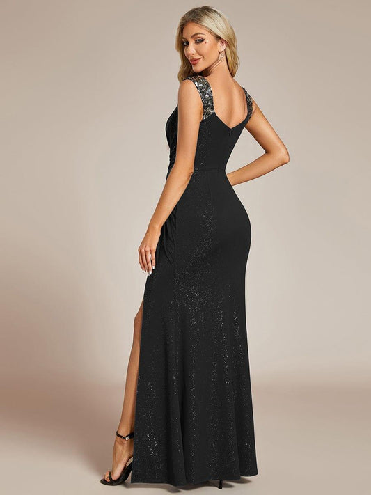 ever NOIRE|Elegant Sequin V Neck High Slit Evening Dress