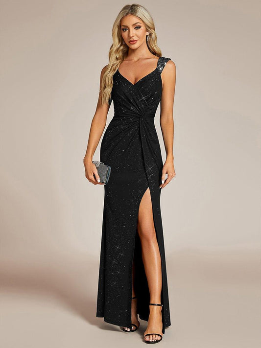 ever NOIRE|Elegant Sequin V Neck High Slit Evening Dress