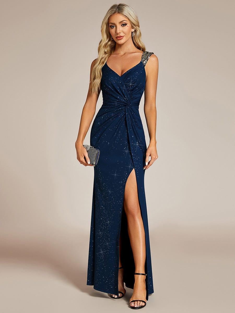 ever NOIRE|Elegant Sequin V Neck High Slit Evening Dress