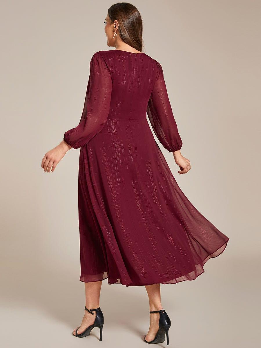 ever EMBER|Shimmering Long Sleeve V-Neck Chiffon Twist Knot A-Line Evening Dress