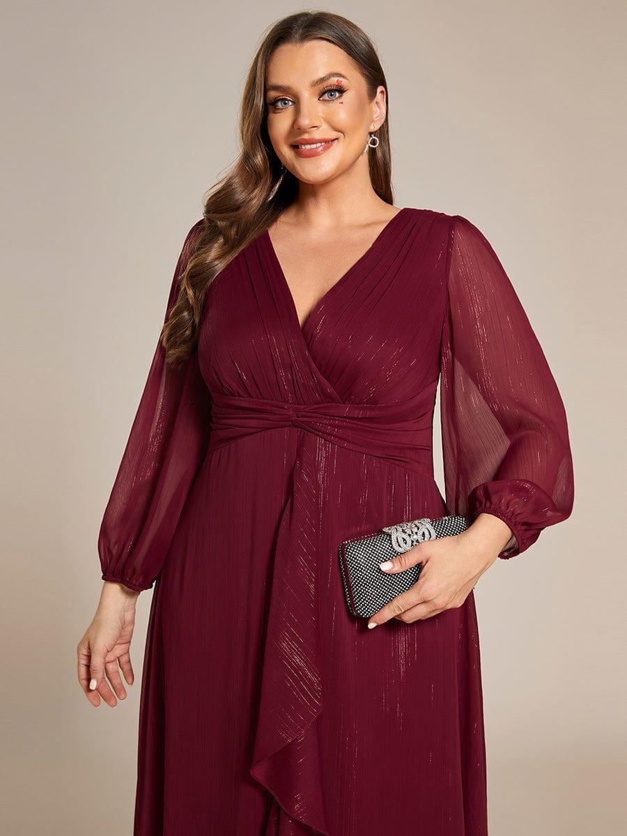 ever EMBER|Shimmering Long Sleeve V-Neck Chiffon Twist Knot A-Line Evening Dress