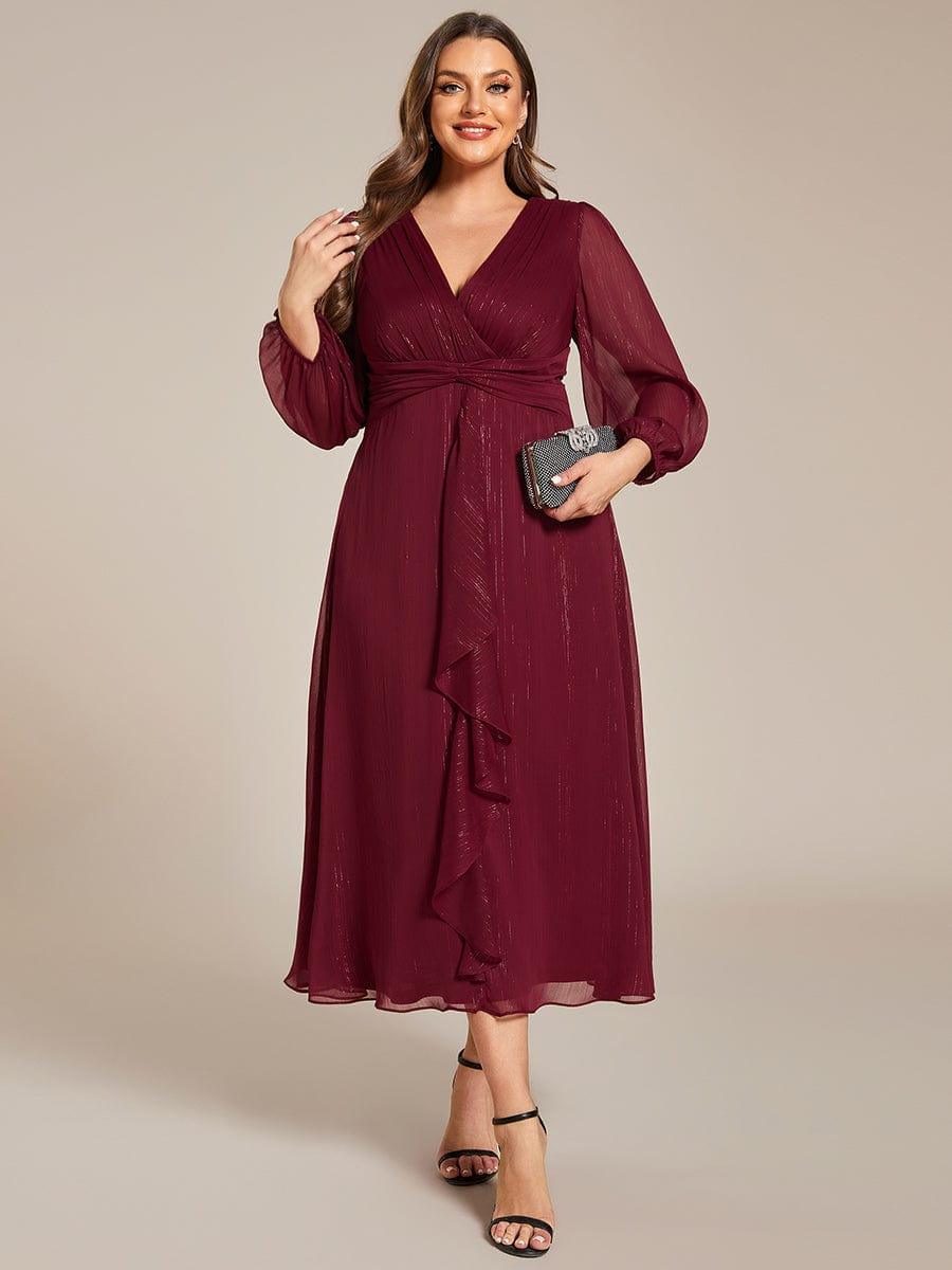 ever EMBER|Shimmering Long Sleeve V-Neck Chiffon Twist Knot A-Line Evening Dress