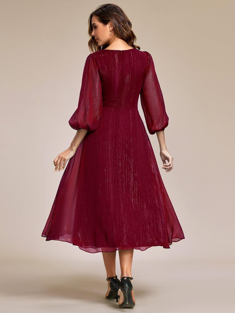 ever EMBER|Shimmering Long Sleeve V-Neck Chiffon Twist Knot A-Line Evening Dress