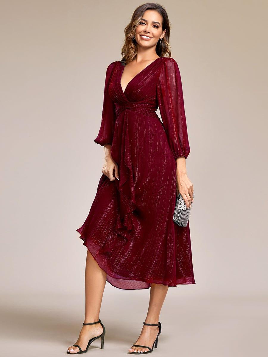 ever EMBER|Shimmering Long Sleeve V-Neck Chiffon Twist Knot A-Line Evening Dress
