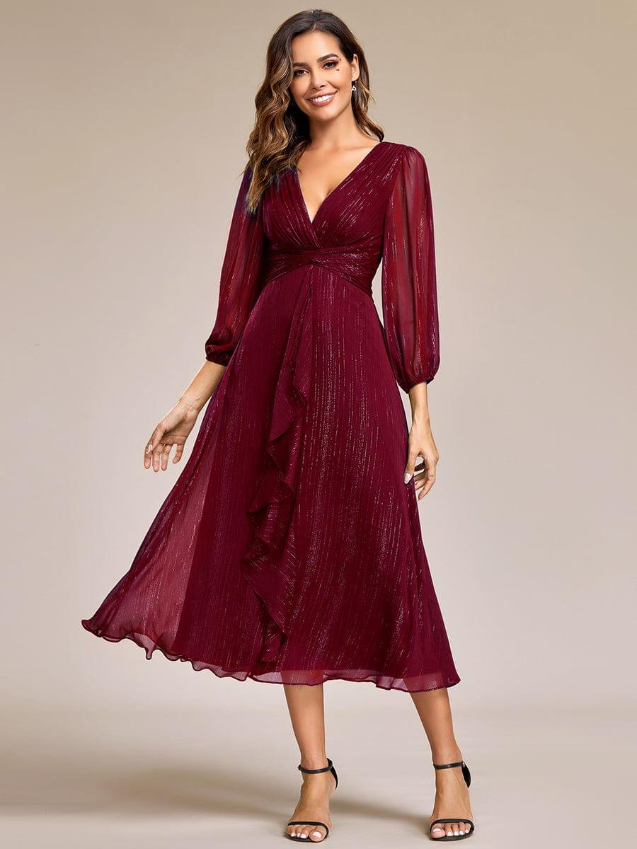 ever EMBER|Shimmering Long Sleeve V-Neck Chiffon Twist Knot A-Line Evening Dress