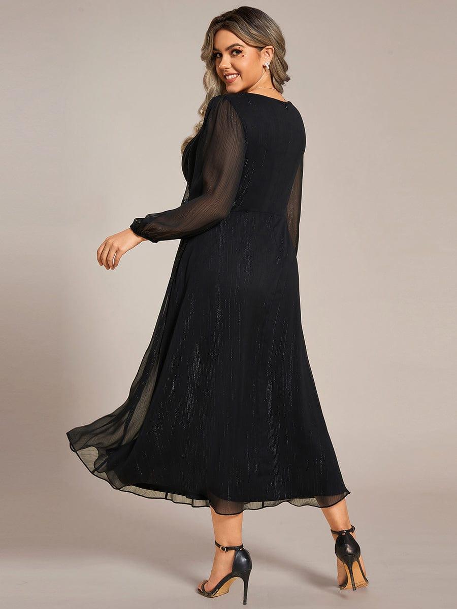 ever EMBER|Shimmering Long Sleeve V-Neck Chiffon Twist Knot A-Line Evening Dress